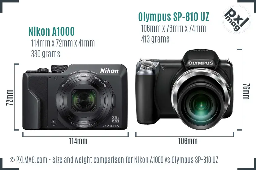 Nikon A1000 vs Olympus SP-810 UZ size comparison