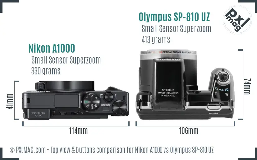 Nikon A1000 vs Olympus SP-810 UZ top view buttons comparison