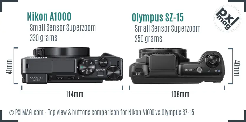 Nikon A1000 vs Olympus SZ-15 top view buttons comparison