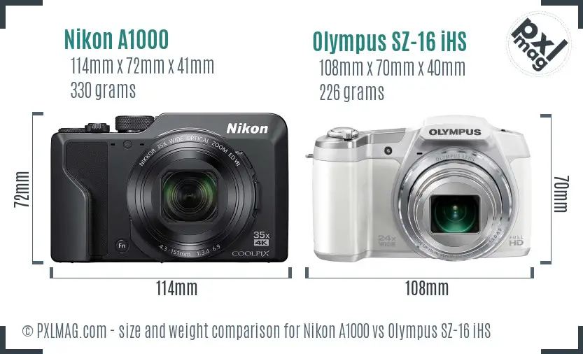 Nikon A1000 vs Olympus SZ-16 iHS size comparison