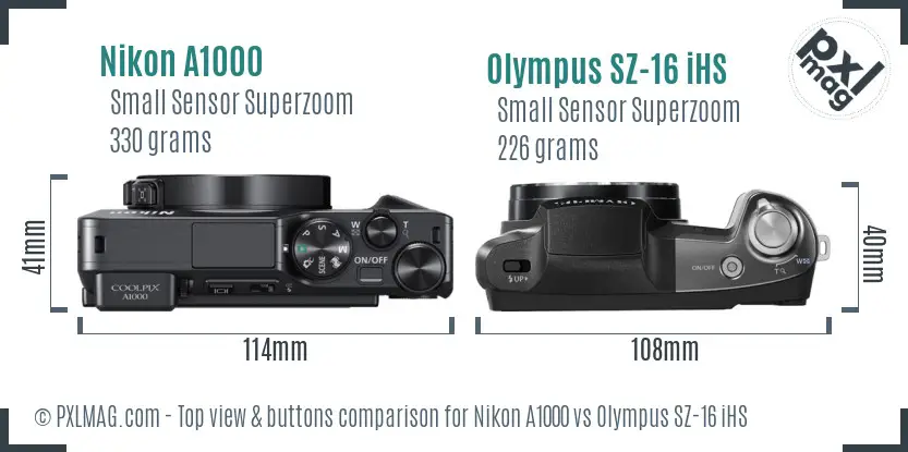 Nikon A1000 vs Olympus SZ-16 iHS top view buttons comparison