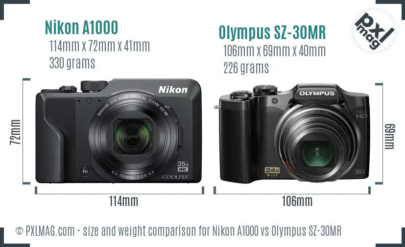 Nikon A1000 vs Olympus SZ-30MR size comparison