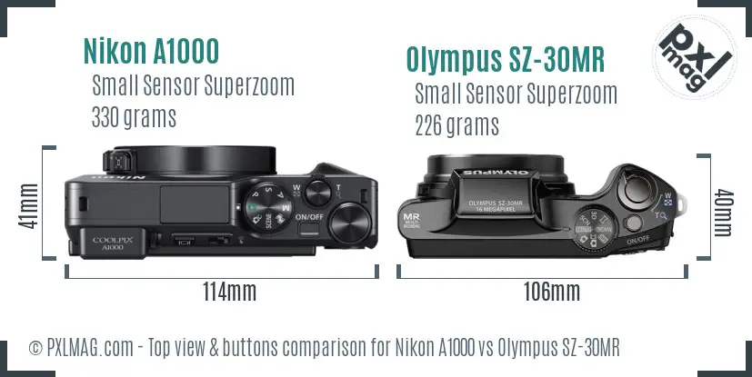 Nikon A1000 vs Olympus SZ-30MR top view buttons comparison