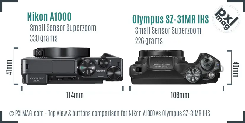 Nikon A1000 vs Olympus SZ-31MR iHS top view buttons comparison