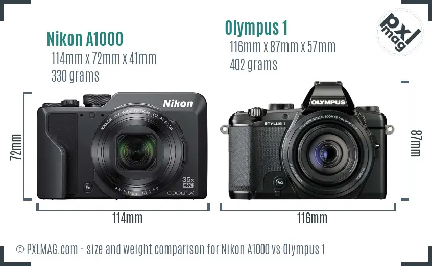 Nikon A1000 vs Olympus 1 size comparison