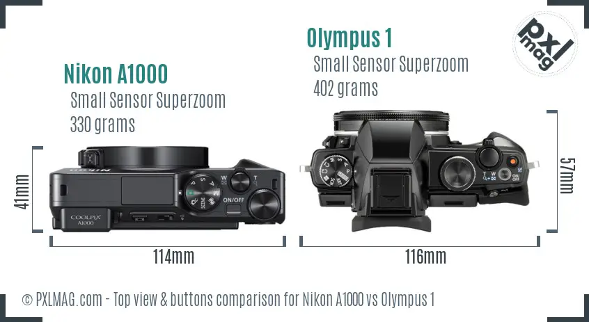 Nikon A1000 vs Olympus 1 top view buttons comparison