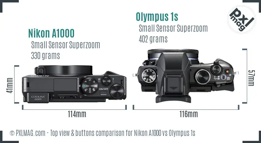 Nikon A1000 vs Olympus 1s top view buttons comparison