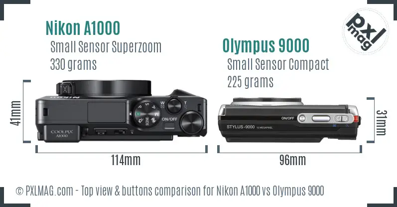 Nikon A1000 vs Olympus 9000 top view buttons comparison Nikon A1000 vs Olympus 9000 top view buttons comparison