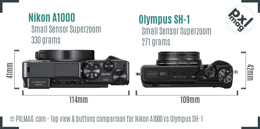 Nikon A1000 vs Olympus SH-1 top view buttons comparison