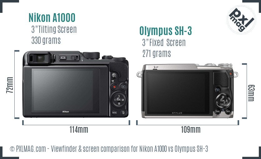 Nikon A1000 vs Olympus SH-3 Screen and Viewfinder comparison