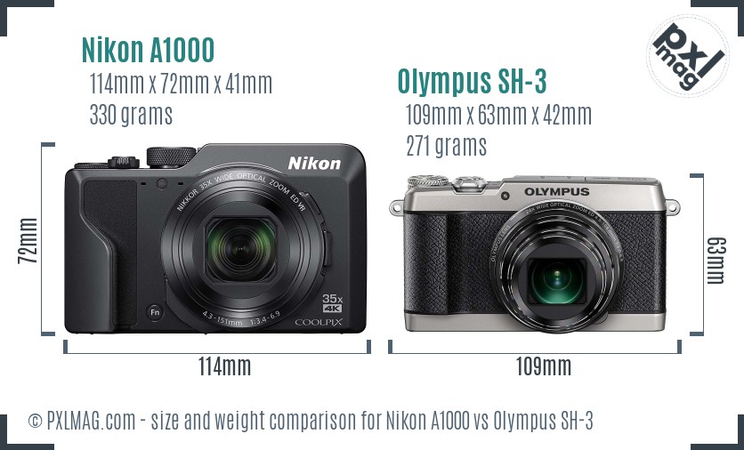 Nikon A1000 vs Olympus SH-3 size comparison