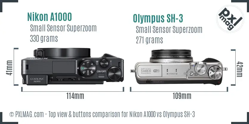 Nikon A1000 vs Olympus SH-3 top view buttons comparison