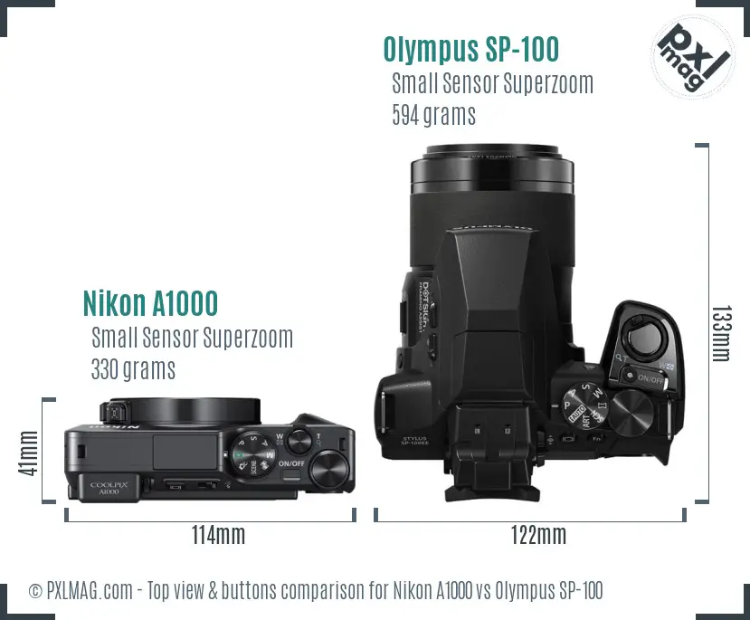 Nikon A1000 vs Olympus SP-100 top view buttons comparison Nikon A1000 vs Olympus SP-100 top view buttons comparison