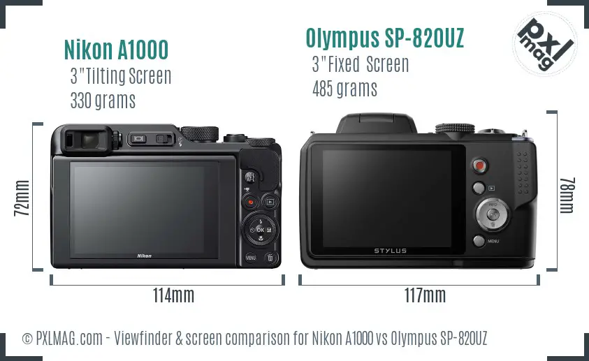 Nikon A1000 vs Olympus SP-820UZ Screen and Viewfinder comparison