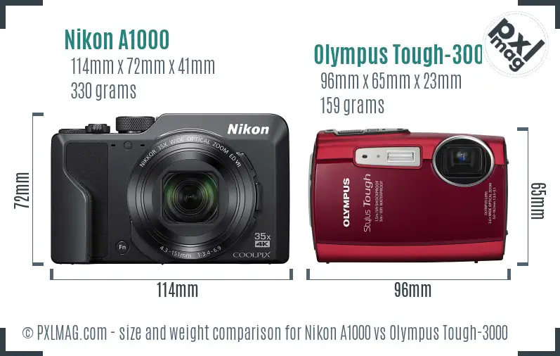 Nikon A1000 vs Olympus Tough-3000 size comparison