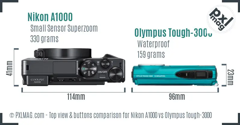 Nikon A1000 vs Olympus Tough-3000 top view buttons comparison