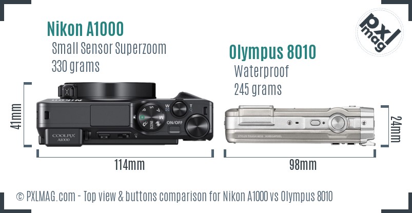 Nikon A1000 vs Olympus 8010 top view buttons comparison