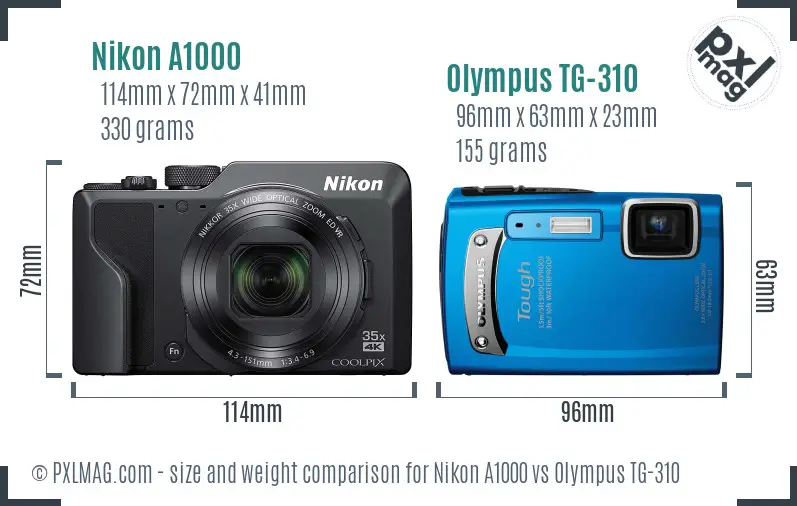 Nikon A1000 vs Olympus TG-310 size comparison