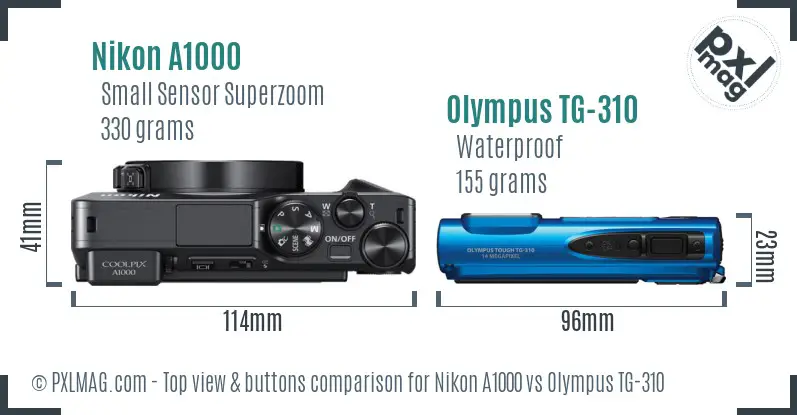 Nikon A1000 vs Olympus TG-310 top view buttons comparison