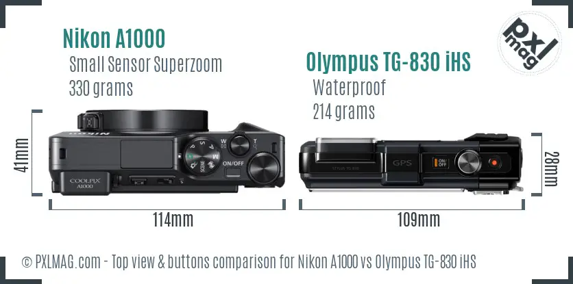 Nikon A1000 vs Olympus TG-830 iHS top view buttons comparison Nikon A1000 vs Olympus TG-830 iHS top view buttons comparison