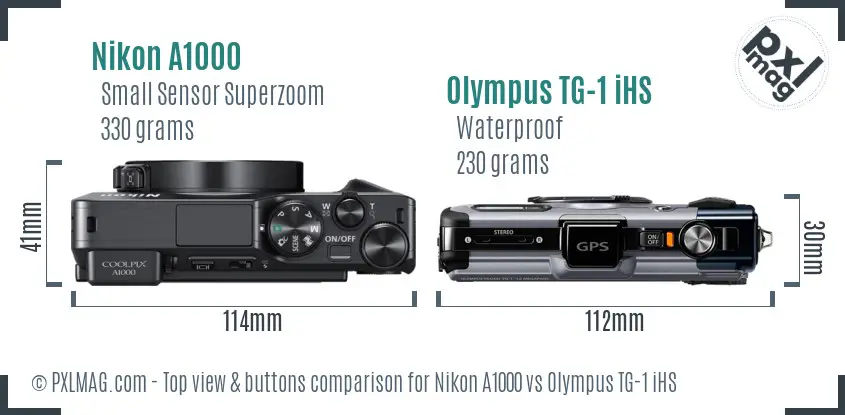 Nikon A1000 vs Olympus TG-1 iHS top view buttons comparison Nikon A1000 vs Olympus TG-1 iHS top view buttons comparison