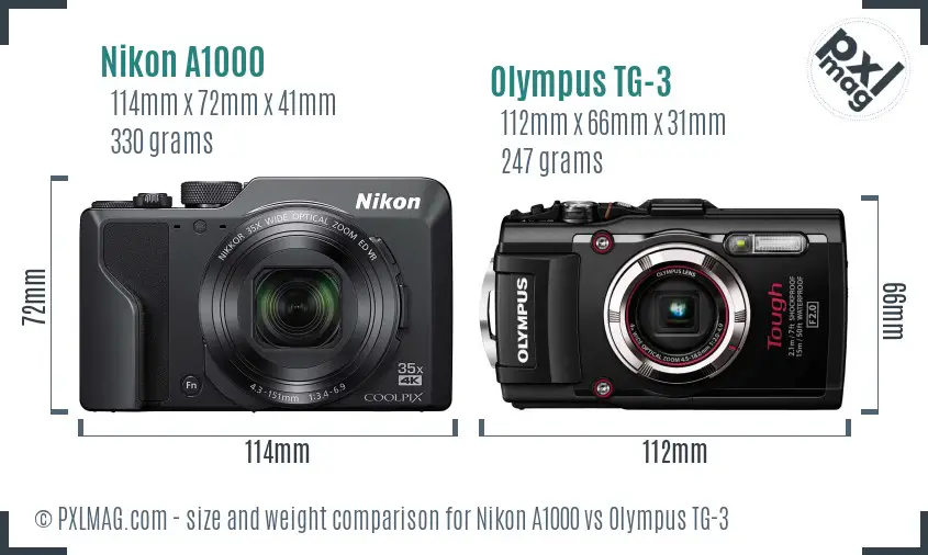 Nikon A1000 vs Olympus TG-3 size comparison