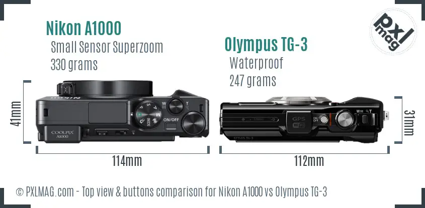 Nikon A1000 vs Olympus TG-3 top view buttons comparison