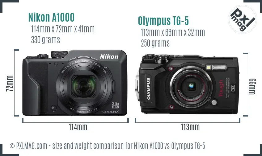 Nikon A1000 vs Olympus TG-5 size comparison