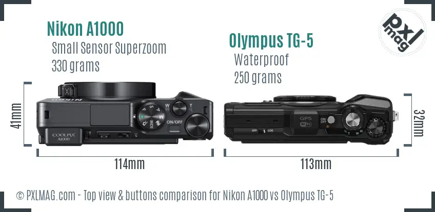 Nikon A1000 vs Olympus TG-5 top view buttons comparison