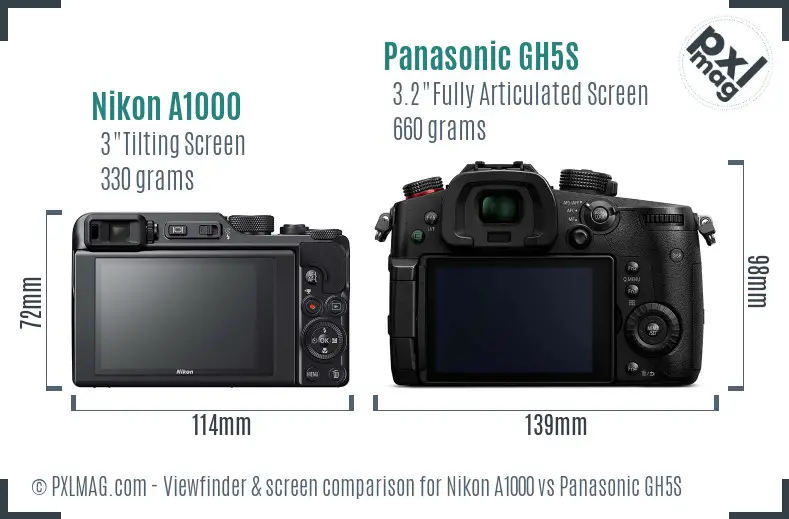 Nikon A1000 vs Panasonic GH5S Screen and Viewfinder comparison