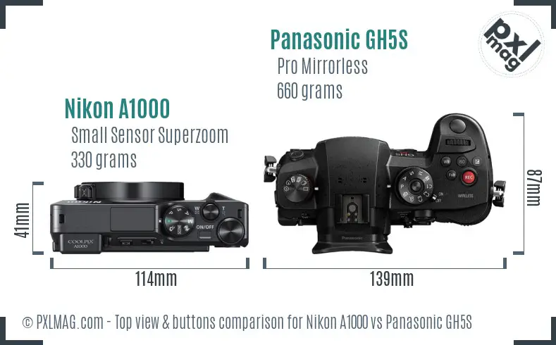 Nikon A1000 vs Panasonic GH5S top view buttons comparison