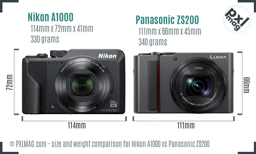 Nikon A1000 vs Panasonic ZS200 size comparison