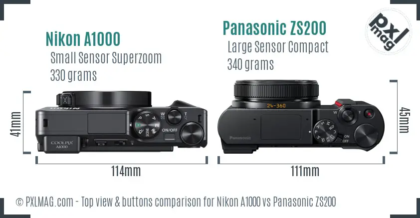 Nikon A1000 vs Panasonic ZS200 top view buttons comparison