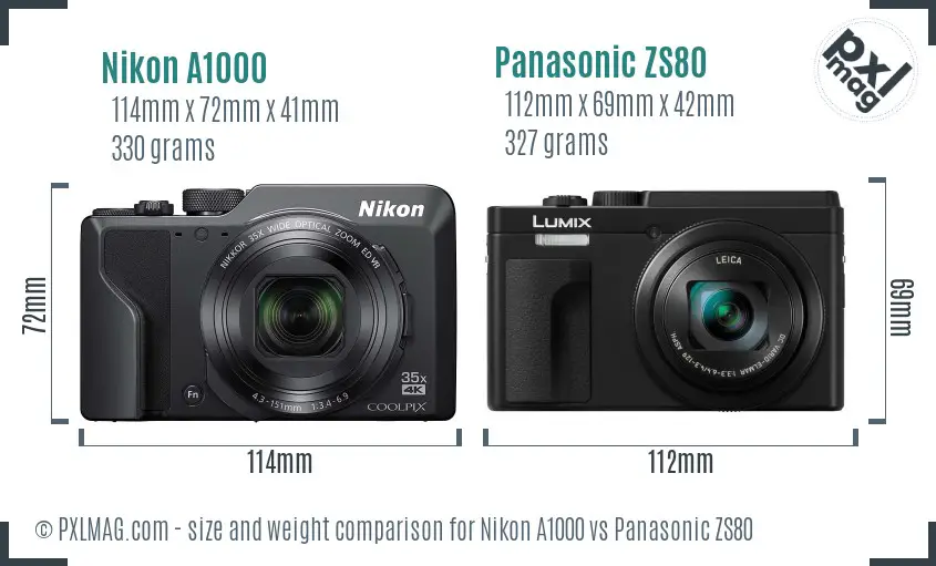 Nikon A1000 vs Panasonic ZS80 size comparison