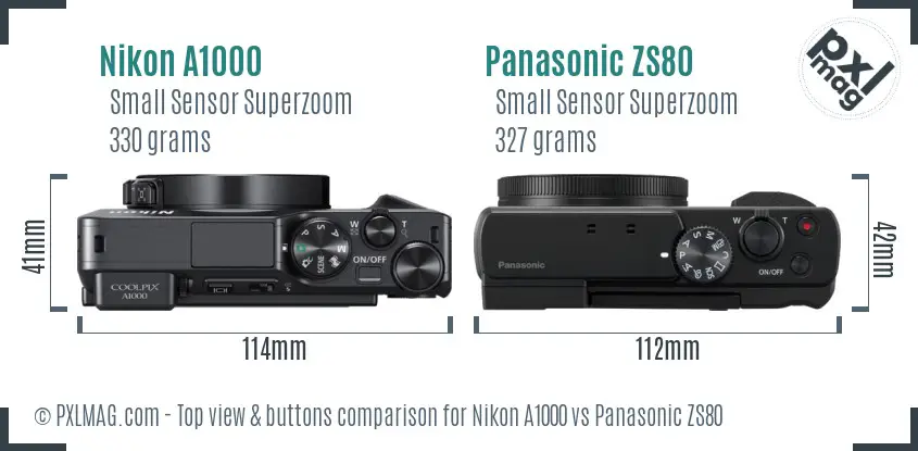 Nikon A1000 vs Panasonic ZS80 top view buttons comparison