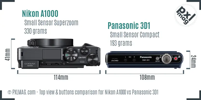 Nikon A1000 vs Panasonic 3D1 top view buttons comparison