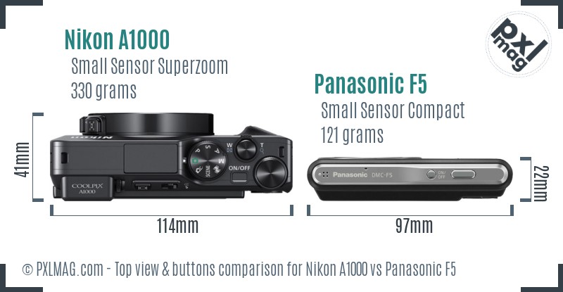 Nikon A1000 vs Panasonic F5 top view buttons comparison