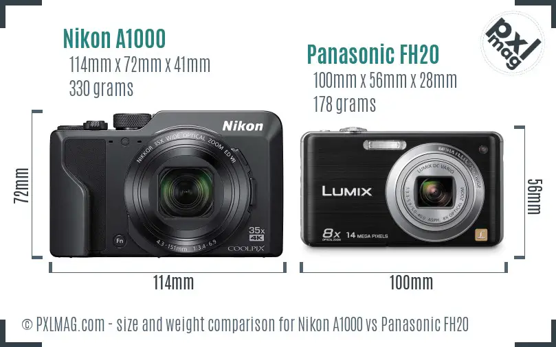 Nikon A1000 vs Panasonic FH20 size comparison
