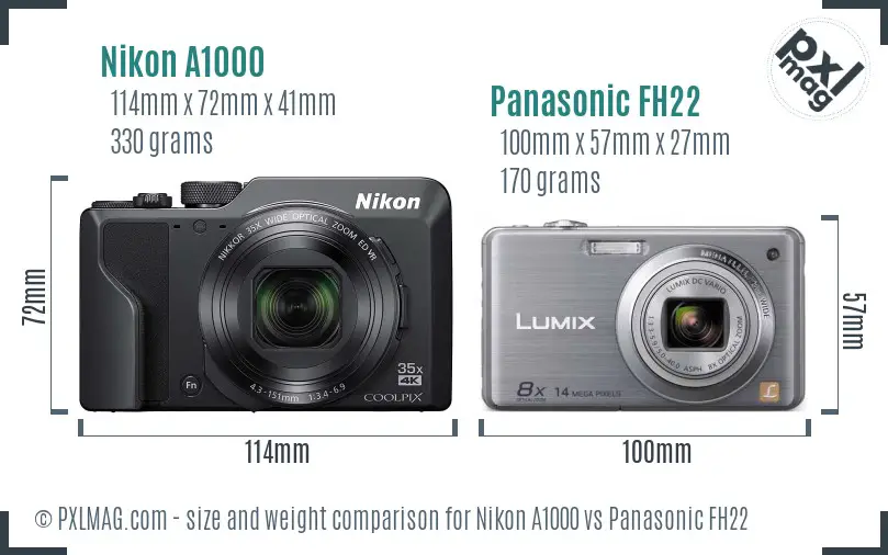 Nikon A1000 vs Panasonic FH22 size comparison