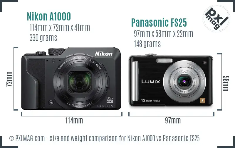 Nikon A1000 vs Panasonic FS25 size comparison