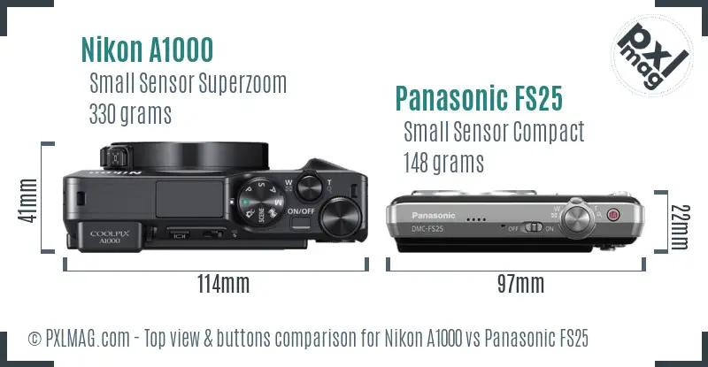 Nikon A1000 vs Panasonic FS25 top view buttons comparison