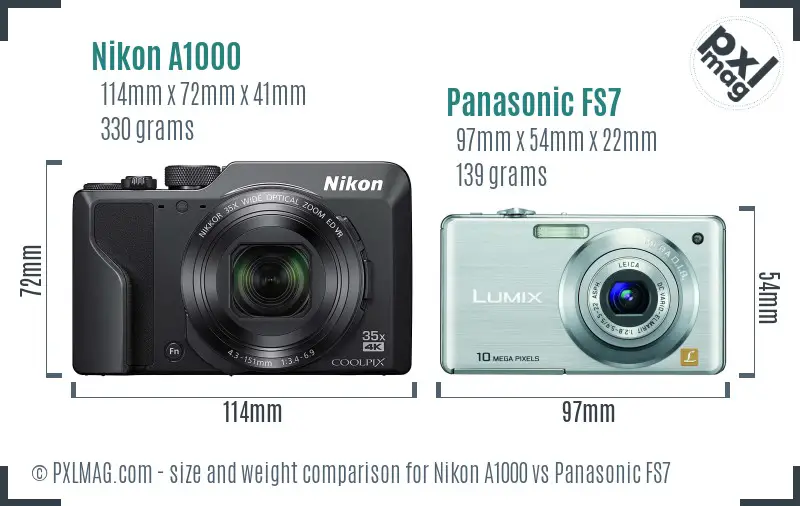 Nikon A1000 vs Panasonic FS7 size comparison