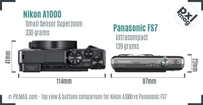 Nikon A1000 vs Panasonic FS7 top view buttons comparison