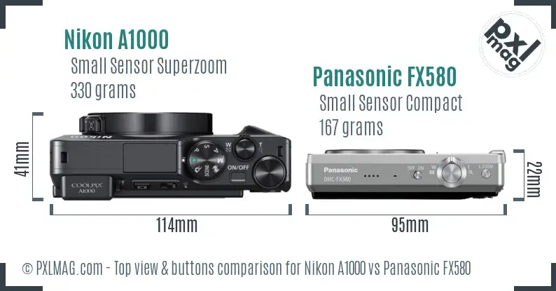 Nikon A1000 vs Panasonic FX580 top view buttons comparison