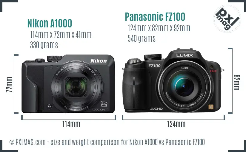 Nikon A1000 vs Panasonic FZ100 size comparison Nikon A1000 vs Panasonic FZ100 size comparison