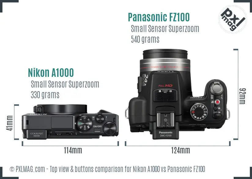 Nikon A1000 vs Panasonic FZ100 top view buttons comparison Nikon A1000 vs Panasonic FZ100 top view buttons comparison
