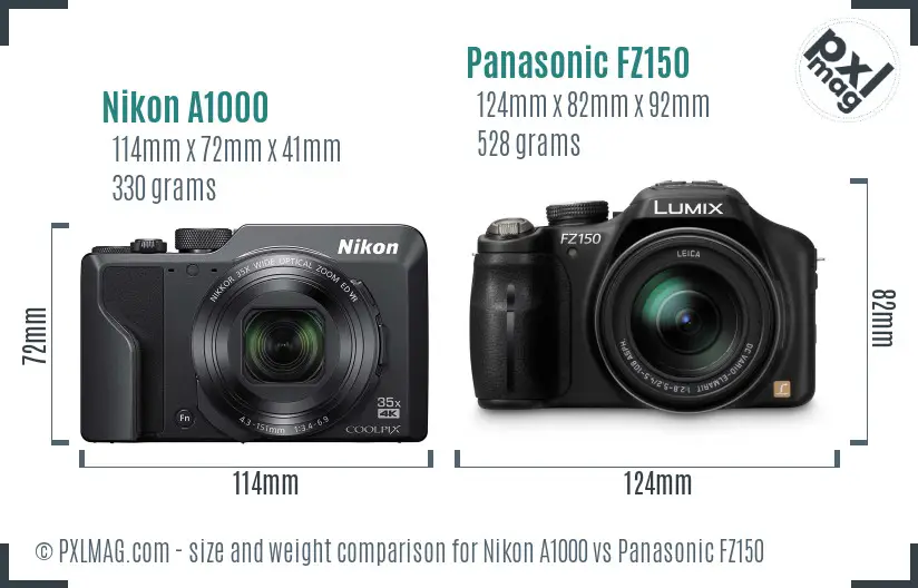 Nikon A1000 vs Panasonic FZ150 size comparison Nikon A1000 vs Panasonic FZ150 size comparison