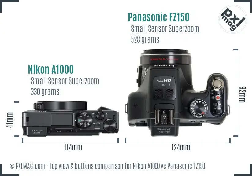 Nikon A1000 vs Panasonic FZ150 top view buttons comparison Nikon A1000 vs Panasonic FZ150 top view buttons comparison