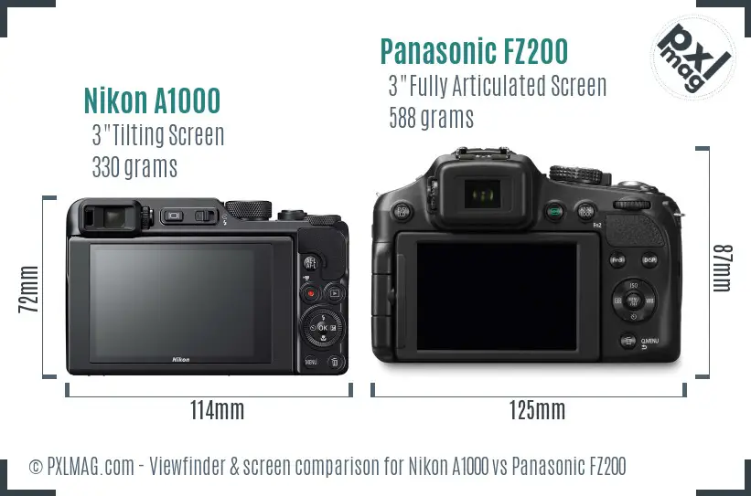 Nikon A1000 vs Panasonic FZ200 Screen and Viewfinder comparison