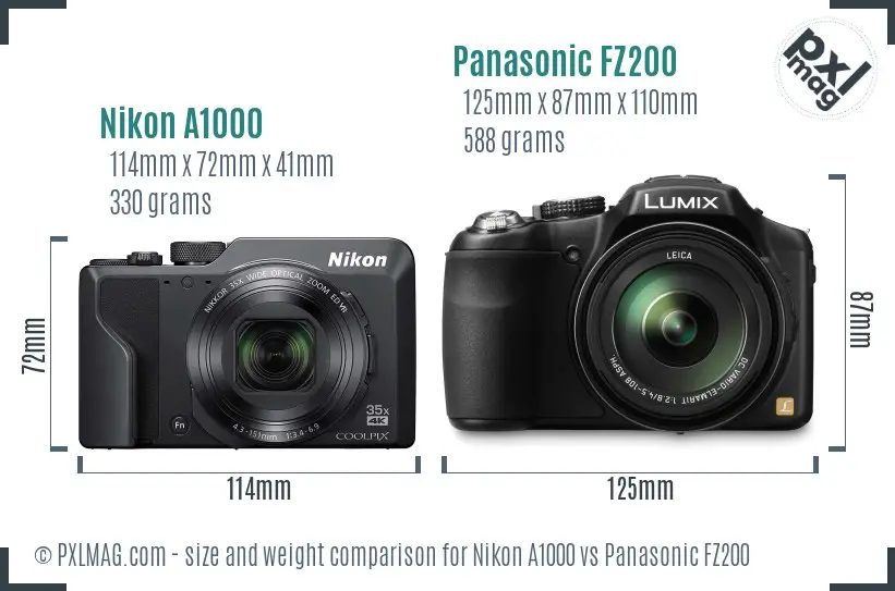 Nikon A1000 vs Panasonic FZ200 size comparison